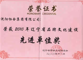 协合集团荣获“2010年辽宁省品牌文化建设先进单位”荣誉证书 